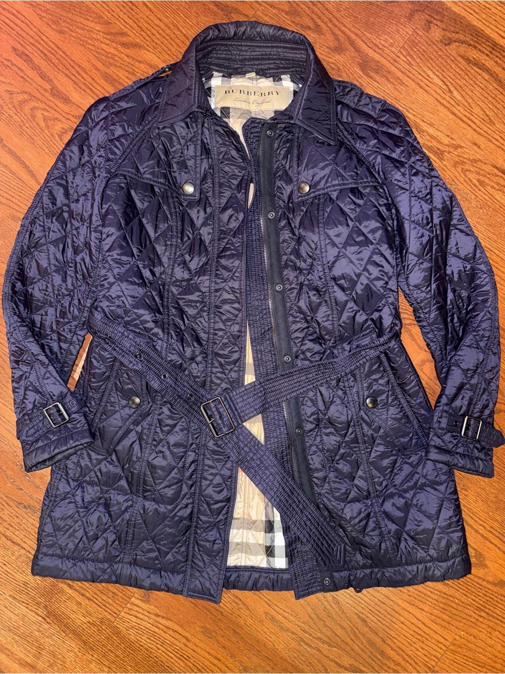 Burberry Navy Quilted Belted Trench Coat Size M